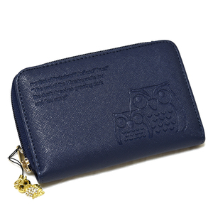 新品 フクロウ 財布 レザー 二つ折り ファスナー ネイビー 縁起 未使用 紺 福財布 合皮 ラウンドウォレット