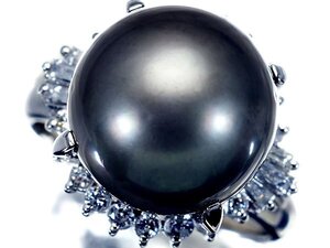 1円～【ジュエリー極】上質艶と照り！上質南洋ブラックパール12.2mm＆天然ダイヤモンド0.35ct 高級Pt900リング a1597om【送料無料】