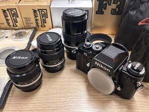 #16503A【動作未確認】Nikon F3 本体、レンズ3本、接写レンズセット 付属品一部あり 動作未確認 現状品 フィルムカメラ ニコン