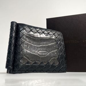 最高級◆BOTTEGA VENETA ボッテガヴェネタ マネークリップ 折り財布 カードケース クロコ ブラック 黒 メンズ 紳士