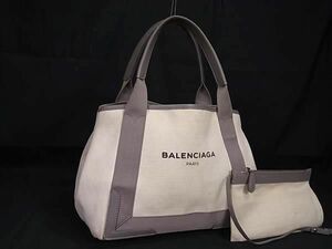 1円 BALENCIAGA バレンシアガ 339933 ネイビーカバス キャンバス×レザー ポーチ付き トートバッグ アイボリー系×グレー系 BJ3146