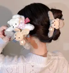 【残りわずか】ヘアクリップ カーキ ウサギ アニマル お花 エコファー 女の子