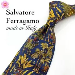 【極美品】Salvatore Ferragamo ネクタイ 総柄 ネイビー 紺