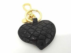 ■極上■本物■極美品■ LEATHER JEWELS レザージュエルズ マットクロコダイル ハート キーホルダー バッグチャーム ブラック系 CA6528