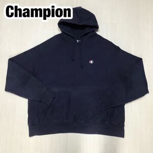 Champion チャンピオン リバースウィーブ フルオーバー パーカー 2XL ネイビー 刺繍ロゴ ワッペン 裏起毛