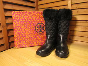 M1 △427美品【TORY BURCH トリーバーチ】箱付 JOEY BOOT ラビットファー付 レザー ブーツ ブラック SIZE 6