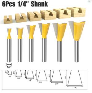 木工 アリ錐ルータービット トリマー 軸シャンク6.35mm 1/4" カッター エンドミル フライス 6本セット