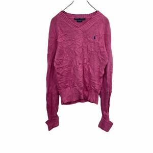 POLO RALPH LAUREN ケーブルニット レディース M ピンク ポロラルフローレン Vネックセーター ロゴ 古着卸 アメリカ仕入 t2201-4602