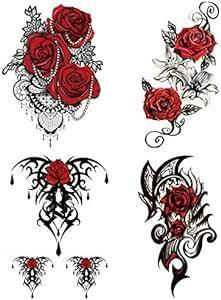 Yesallwas タトゥーシール トライバル 薔薇 赤 黒 4枚セット 長持ち タトゥーステッカー ボディーシール 刺青シー