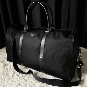 ●極美品●PRADA プラダ 2way 大容量 ボストンバッグ 旅行鞄 トラベルケース ショルダーバッグ ロゴ 斜め掛け ナイロン レザー ブラック