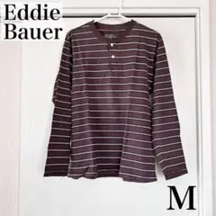 メンズ Eddie Bauer ボタン付きボーダーロンT 茶 ブラウン
