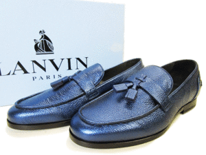 (D) 未使用 LANVIN ランバン レザー タッセルローファー 8 メタリックブルー シューズ