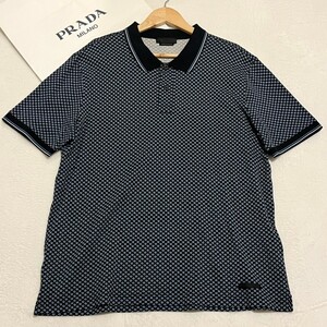 未使用級/3Lサイズ●PRADA プラダ ポロシャツ 裾ロゴ 半袖 ブルー スター 星 総柄 コットン ゴルフウェア リブライン 春夏