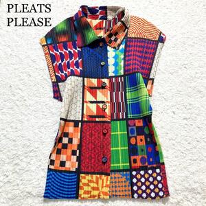 【未使用級】PLEATS PLEASE ノースリーブ シャツ マルチカラー 3