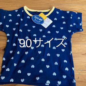 新品即決送料無料♪半袖Tシャツ 90サイズ　ストレッチ素材　綿95％ポリウレタン5％　ハート　ネイビー女の子