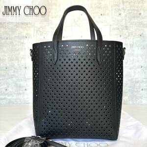 新品同様 JIMMY CHOO ジミーチュウ 2WAY PEGASI N/S BLACK パンチングスター ブラック 黒 ハンドバッグ トートバッグ ショルダー レザー