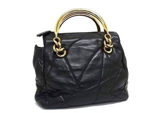 1円 PRADA プラダ メタルハンドル レザー ハンドバッグ トートバッグ レディース ブラック系 BJ6436