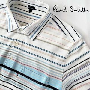 ポールスミス Paul Smith 半袖 ポロシャツ L ホワイト ブルー マルチボーダー柄 鹿の子 シャツ