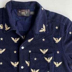 【傑作】RRL “Indigo Camp Shirt” XS 半袖 キャンプ シャツ 開襟 インディゴ 刺子 ジャガード ニット Ralph Lauren ヴィンテージ アロハ