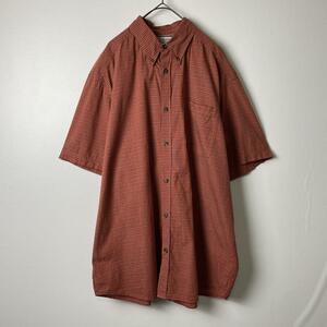 00s Columbia シャツ 半袖 チェック ワンポイントロゴ 赤茶色 L