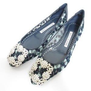 美品 MANOLO BLAHNIK マノロブラニク ハンギシ ビジューバックル ポインテッドトゥ フラット レースパンプス 34 1/2 約21.5cm ネイビー