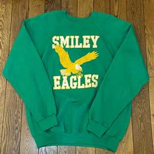 80s USA製 SMILEY EAGLES スウェット トレーナー XL グリーン Hanes ラグラン イーグル 鷹 イラスト ロゴ ヴィンテージ