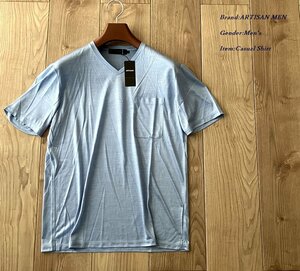 新品サンプル ARTISAN アルチザン 日本製 シルク100% ショートスリーブ VネックTシャツ 22サックス Mサイズ 42TW04 定価20,900円