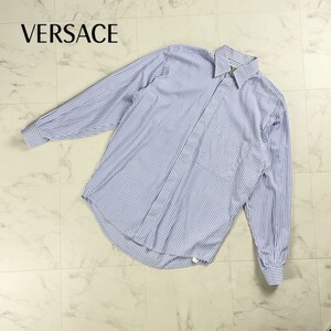 美品 V2 by versace ヴェルサーチ イタリア製 長袖シャツ ストライプ柄 トップス メンズ ブルー 白 ホワイト サイズ39*RC1404