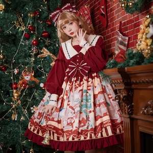 ロリータ Lolita ロリィタ ワンピース クリスマス 秋冬 甘ロリ スイート ゴスロリ かわいい ハイウエスト 長袖 OP 小熊 プリント