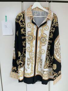 ⑫-2 ドレス シャツ 長袖 XL VERSACE ヴェルサーチ ベルサーチ 風 柄シャツ Yシャツ 派手 バロック アニマル 総柄 チェーン柄