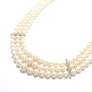 ミキモト mikimoto ネックレス - アイボリー×K18WG×ダイヤモンド 8Pダイヤ/3連/パール直径約3.8mm～7.6mm 美品 アクセサリー（首）