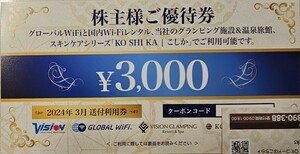 【通知のみの為送料不要！】ビジョン株主優待券　3000円分　１枚　グローバルWi-Fiレンタル/グランピング＆温泉旅館 こしか～2025.3.31