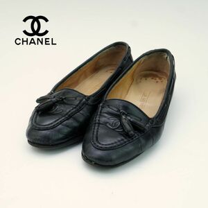 CHANEL シャネル 35 1/2 22.5 タッセルローファー イタリア製 ヒール ココマーク レザー 黒 ブラック/OC120