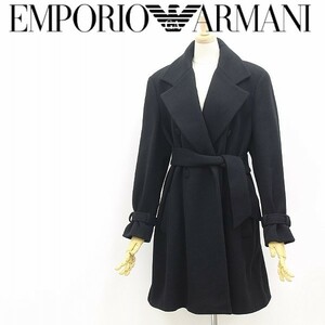 ◆EMPORIO ARMANI エンポリオ アルマーニ リボンベルト付 ウール ダブル コート 黒 ブラック 40