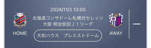 11/3(日) 2枚セット　コンサドーレ札幌 vs セレッソ大阪　カテゴリー1 チケット②