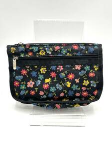 【ジャンク】LeSportsac｜レスポートサック　ポーチ　小物入れ　ナイロン　花　ブラック系　W20.5　H13