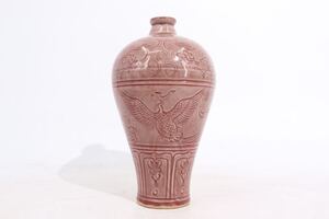 時代　辰砂　鳳凰図　梅瓶　/　時代物　中国美術　壺　飾壺　花器　花瓶　煎茶飾　.G577