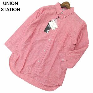 【新品 未使用】 UNION STATION メンズビギ 春夏 麻 フレンチ リネン混 7分袖 シャンブレー シャツ Sz.LL　メンズ　A4T02232_3#A