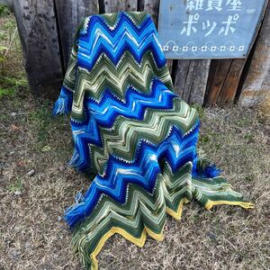 【USA vintage】Granny Blanket blue × green グラニーブランケット　ラグ　寒色系　アメリカ　ビンテージ 