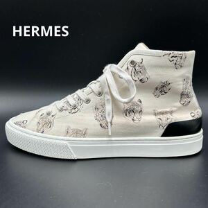 1円 【未使用級】 HERMES エルメス 【王者の貫禄】 メンズ ハイカット スニーカー シューズ 靴 ヒョウ 総柄 キャンバス ホワイト 41 26cm位