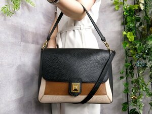 超美品●FURLA フルラ●ジョアン●ロゴ型押し●カーフ レザー 本革●2way ハンド バッグ●茶 黒 ベージュ●G金具●B5 収納 かばん●Js46893