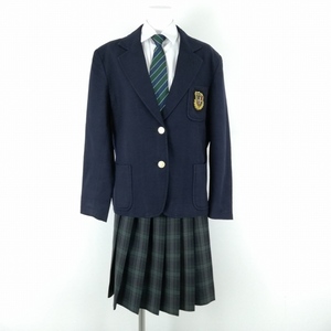 1円 ブレザー チェックスカート ネクタイ 上下4点セット 冬物 女子 学生服 神奈川関東学院六浦中学高校 紺 制服 中古 ランクB EY3311