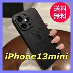 ブラックiPhone13mini用ケースレザー薄型軽量メンズレディース北欧鹿ME