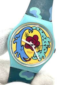 【電池切れ】SWATCH スウォッチ クォーツ 腕時計 アニマル文字盤 ワニ ライトブルー×グリーン ラウンド マルチカラー ボーイズサイズ