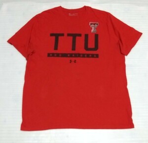 ☆UNDER ARMOUR 半袖Tシャツ 2XLサイズ 洗濯済スポーツ LOOSEティー HEATGEARフアッションTEE 赤色レッドTTU RED RAIDERS アンダーアーマー