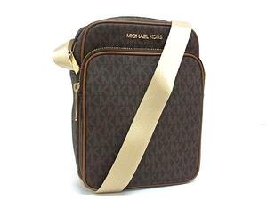 1円 ■新品同様■ MICHAEL KORS マイケルコース MK柄 PVC×レザー クロスボディ ショルダーバッグ 斜め掛け ブラウン系 FL0246