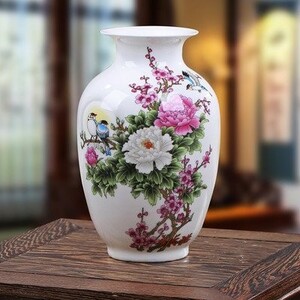花瓶 中国伝統柄 景徳鎮 陶器製 回転式 台座付き (牡丹の花と小鳥)
