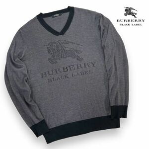 極美品 BURBERRY BLACK LABEL バーバリーブラックレーベル Vネック シルク混 ニット セーター サイズ3/L 大判ロゴ刺繍 希少 黒/灰色 A2591