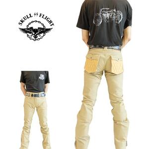 W33　SKULL FLIGHT　SS PANTS　Type２　ストレッチレザーポケットブーツカット（ベージュ）