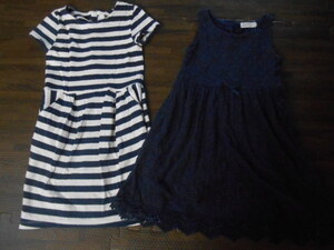 ★H&M★120cm 紺レースワンピ＆ボーダーワンピ2枚セット　送料510円 used